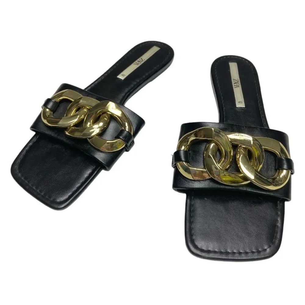 Zara Chain Trim Beach SummerSandals Square Open Toe size 40/9 - Picture 2 of 7
